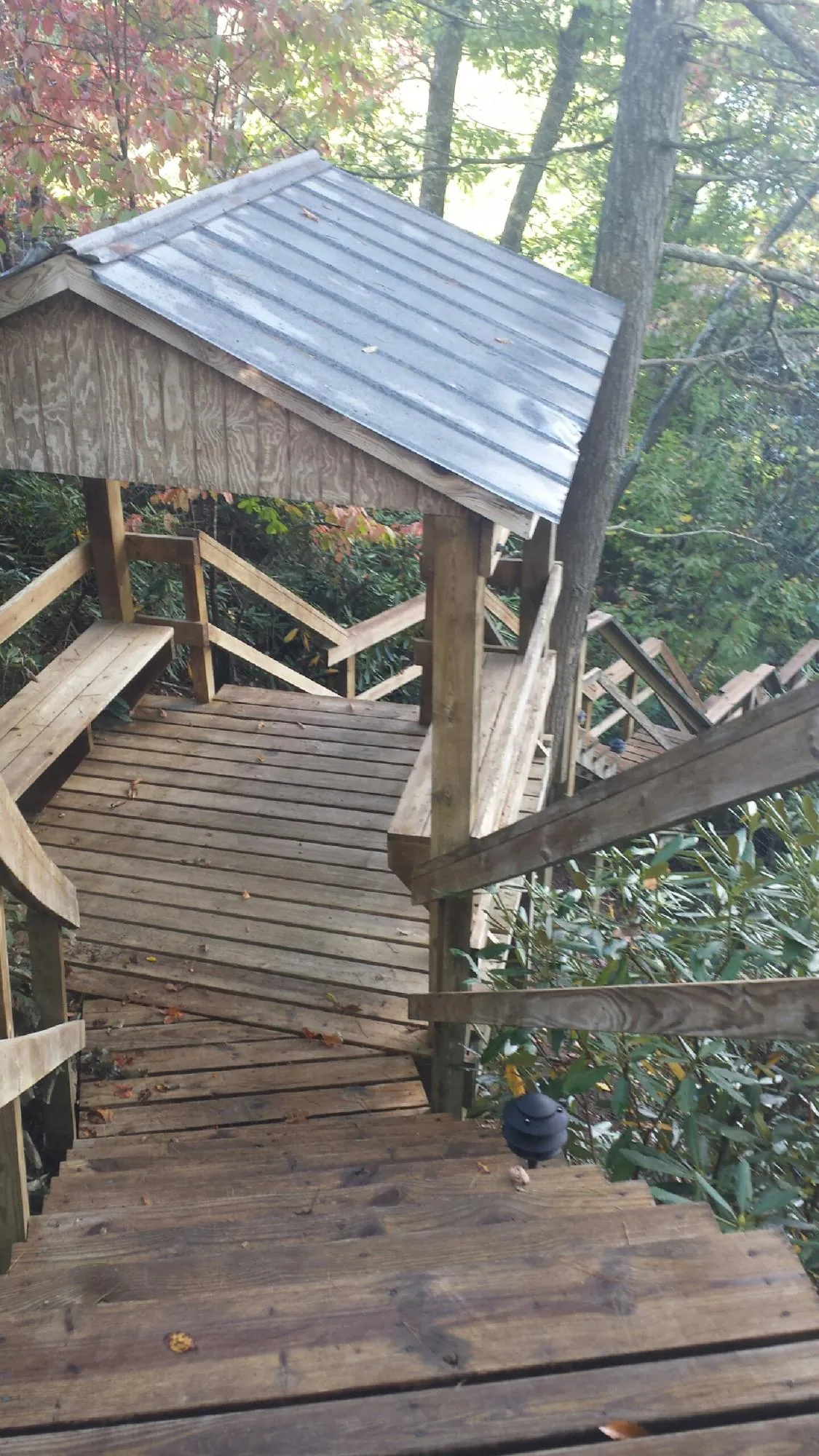 Metal roofed shelter over wooden steps on a wooded walkway — Skylight Repair & Installation work by our crew in Matteson